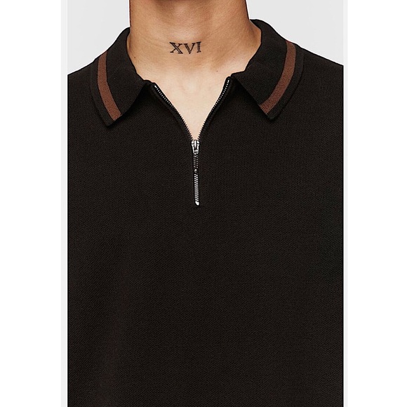 MENS HALF ZIP POLO BLACK AND BROWN SHIRT - Picture 2 of 6
